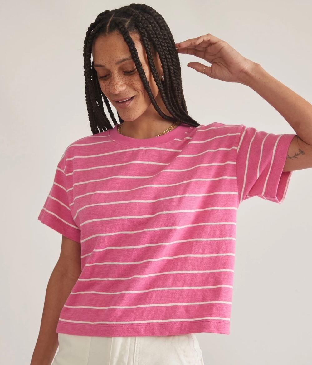 Marine Layer Vintage Slub Crop Tee Shirt Pink Stripe Womens Size Small